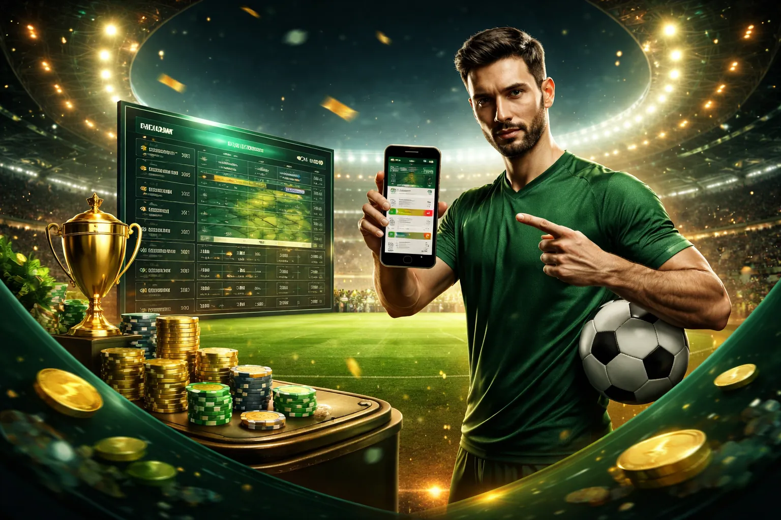 Sân vận động với trận đấu bóng đá sôi động, thể hiện cá cược thể thao 18win1